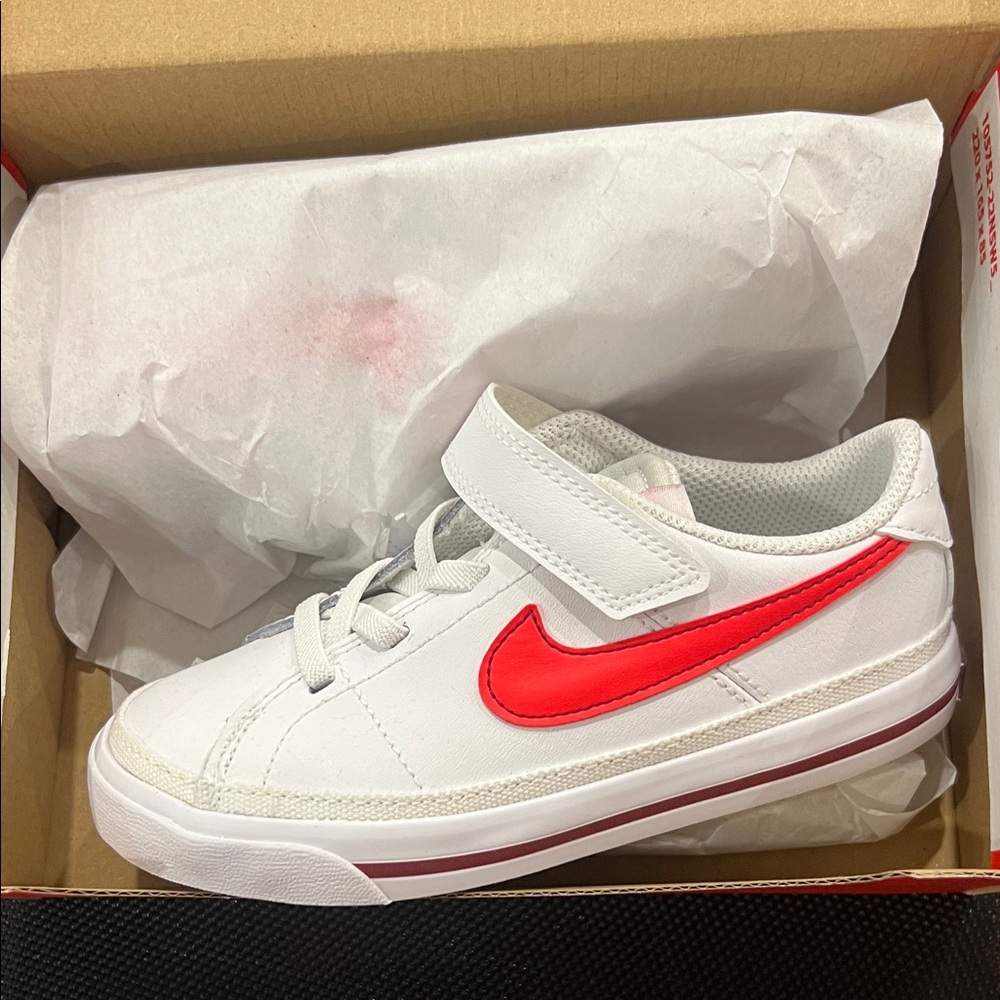 Nike Kids White Sneakers with Red Swoosh